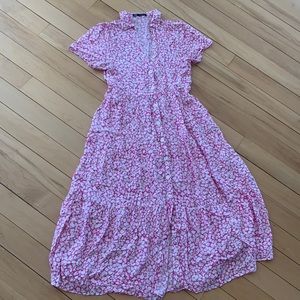 Pink button-down floral maxi dress with collared neck